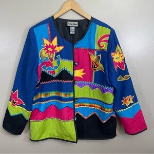 Indigo Moon Jacket Blazer 1X Lined Boho Embroidery Artsy Colorful Flax blend